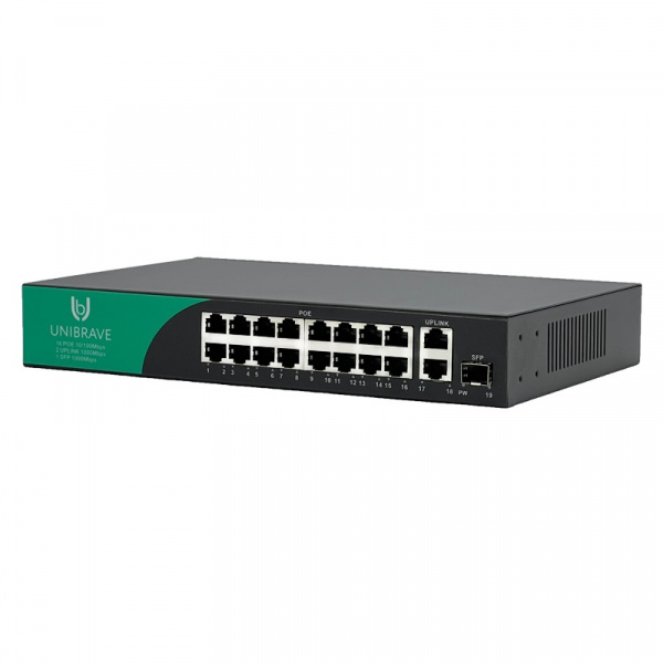 UB-SW-16F2G1SFP-200 Base Неуправляемый коммутатор Unibrave с поддержкой PoE на 16 портов, 2 Uplink 1000 Мбит/c и 1 SFP (200 Вт) Фото
