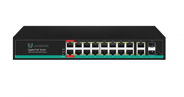 UB-SW-16G2G2SFP-300 Pro Гигабитный неуправляемый коммутатор Unibrave с поддержкой PoE на 16 портов, 2Uplink, 2SFP-портами (300 Вт) Фото UB-SW-16G2G2SFP-300 Pro Гигабитный неуправляемый коммутатор Unibrave с поддержкой PoE на 16 портов, 2Uplink, 2SFP-портами (300 Вт) Фото