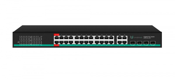 UB-SW-24G4G4SFP-400 Pro Гигабитный неуправляемый коммутатор Unibrave с поддержкой PoE на 24 порта, 4Uplink, 4SFP-портами Фото UB-SW-24G4G4SFP-400 Pro Гигабитный неуправляемый коммутатор Unibrave с поддержкой PoE на 24 порта, 4Uplink, 4SFP-портами Фото