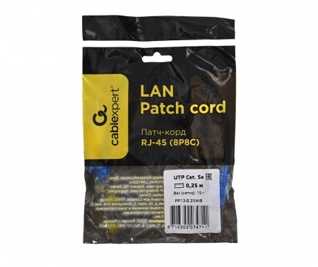 Патч-корд UTP Cablexpert кат.5e PP12-0.25M/B, 0.25м, литой, многожильный (синий) Фото
