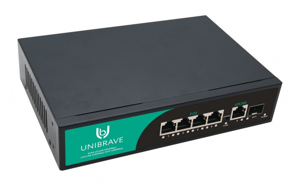 UB-SW-4G1G1SFP-65 Base Гигабитный неуправляемый коммутатор Unibrave с 4 PoE-портами 1000 Мбит/с, 1 Uplink 1000 Мбит/с, 1 SFP Фото UB-SW-4G1G1SFP-65 Base Гигабитный неуправляемый коммутатор Unibrave с 4 PoE-портами 1000 Мбит/с, 1 Uplink 1000 Мбит/с, 1 SFP Фото