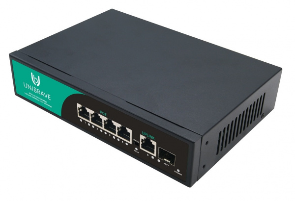 UB-SW-4G1G1SFP-65 Base Гигабитный неуправляемый коммутатор Unibrave с 4 PoE-портами 1000 Мбит/с, 1 Uplink 1000 Мбит/с, 1 SFP Фото UB-SW-4G1G1SFP-65 Base Гигабитный неуправляемый коммутатор Unibrave с 4 PoE-портами 1000 Мбит/с, 1 Uplink 1000 Мбит/с, 1 SFP Фото